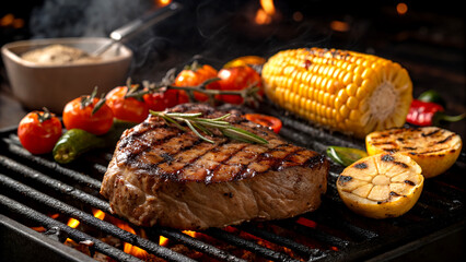 Grilled Steak and Vegetables on Open Flame Barbecue