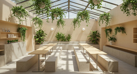 Serene botanical cafe interior with hanging plants and minimalist furniture