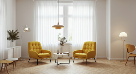 Serene interior ambiance featuring bright yellow armchairs and natural light