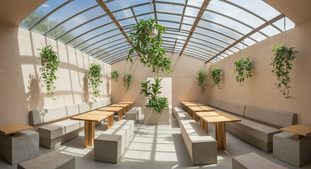 Serene indoor space with natural light, hanging plants, and minimalist furnishings