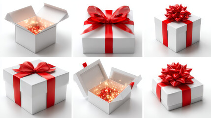 3d realistic vector icon illustration. Open and closed white gift boxes with red silky ribbon bow. Present box with glow inside isolated on white background.
