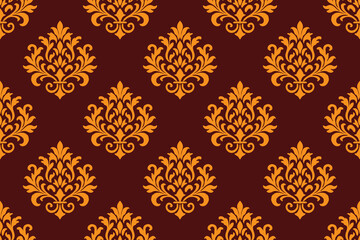 Luxurious Thai-style pattern with gold ornamental motifs on a rich maroon background. Ideal for traditional design themes, textiles, wallpaper, packaging, or elegant decorative projects.