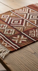 Woven Textile Design: Geometric Southwestern Pattern with Earth Tones and Fringe Detail on Wood