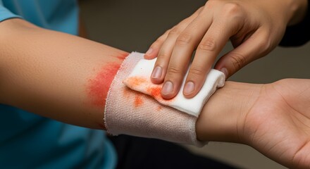 cleaning the bleeding wound on the arm using gauze, made by Ai