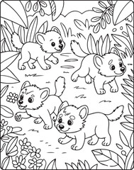 Baby wolfs playing together in forest natural scenery black vector outline illustration for children coloring page design