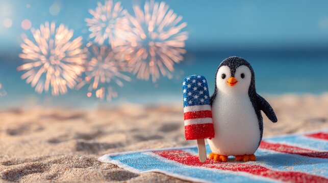 Cute Toy Penguin Holding Patriotic Popsicle on Beach Towel with Fireworks on Fourth of July - Powered by Adobe