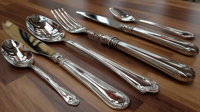 3d realistic cutlery set with table knife, spoon, fork, tea spoon and fish spoon.