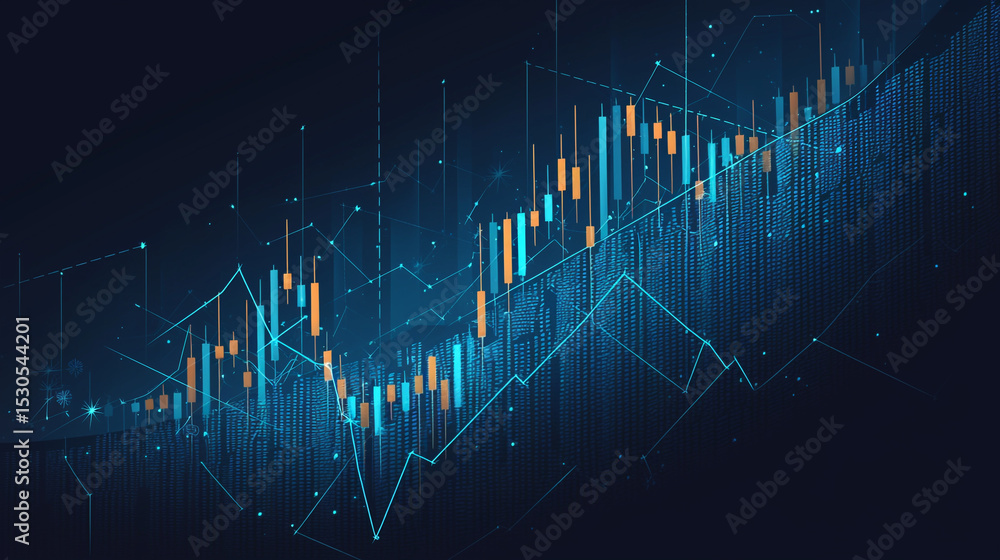 Poster a digital representation of a stock market chart with rising trends and candlestick patterns display