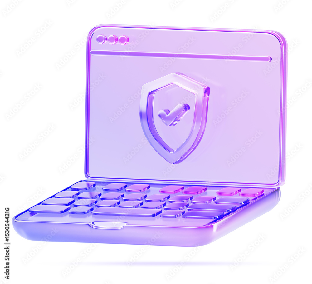 Poster glass holographic laptop with shield on screen 3d render icon. computer security, digital data and i