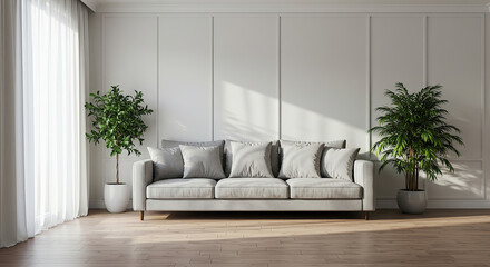 Serene interior scene featuring a modern sofa, plants, and natural sunlight