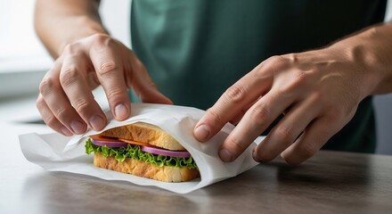 Wrapping Sandwich with Fresh Vegetables: Preparing a Healthy Lunch at Home