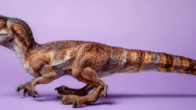 A velociraptor stands alert on a solid lavender background The dinosaur exhibits detailed brown stripe patterns Its gaze is focused forward showcasing predator energy
