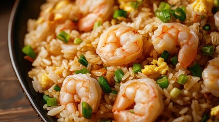 A close-up of a bowl of shrimp fried rice with chopped scallions and scrambled egg