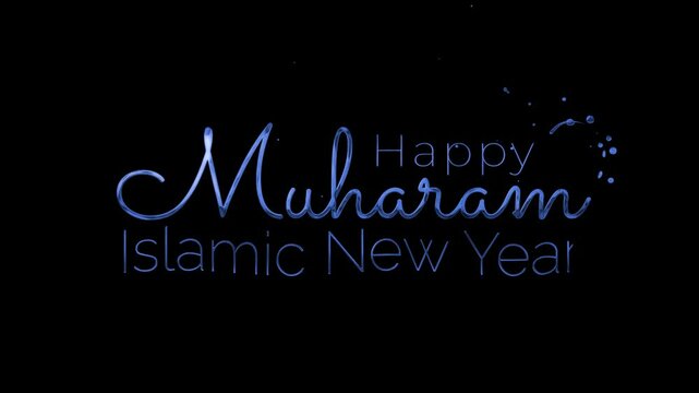 Animated blue letter happy muharam islamic new year, suitable for branding or design.