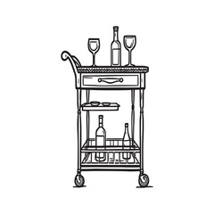 elegant bar cart with bottles and glasses line art
