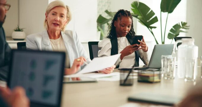 Woman, meeting or distraction with phone or business people for noise, disruption or interruption. Female person, bad employee or colleague with mobile smartphone in team or group speech at workplace