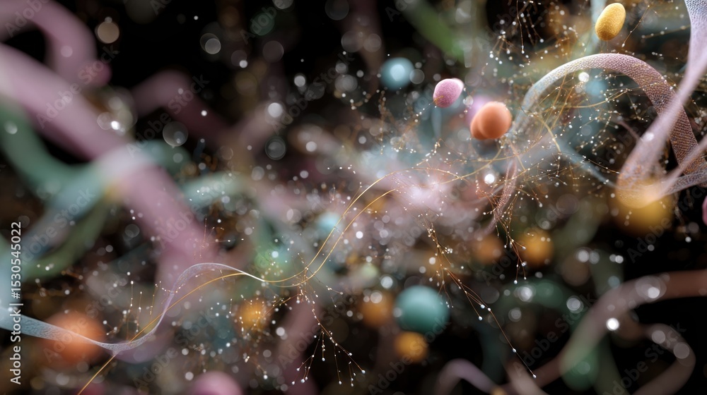 Poster an artistic representation of molecular structures showcases protein folds as colorful ribbons entwi