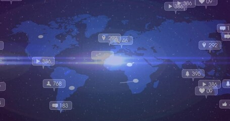 Upon starting world map animation, markers connecting with social icons showing global engagement - Powered by Adobe