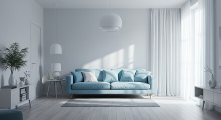 Serene interior showcasing a modern living room bathed in soft sunlight