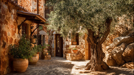 Obraz premium Mediterranean courtyard in rustic style with olive tree and stone house. Tranquil and authentic southern European atmosphere.