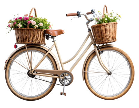 Vintage-Style Cruiser Bicycle with Basket, front angle, isolated on a transparent background. - Powered by Adobe