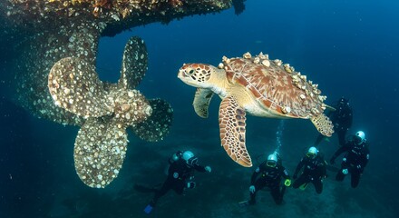 Fototapeta premium Ocean Wonders Hawksbill Sea Turtle Encounter with Divers