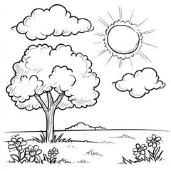 Naklejka premium Simple Line Drawing of a Sun, Clouds, Trees, Flowers, and Grass for Kids' Coloring