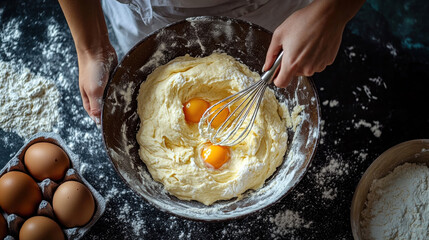 Professional baker whisking eggs into dough, blending ingredients while preparing homemade pastry in sunlit kitchen workspace