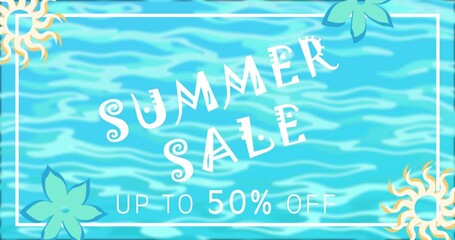 Summer sale creative cool elegant, attractive sales marketing advertisement 4K. Greeting the joy of beaches and water, Summer season. Tropical island hotels concept, 50% off on all. Vibrant ad clip.
