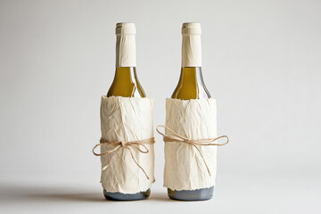 Wine bottles wrapped in textured off-white paper, secured with twine, resting on white surface, conveying rustic elegance