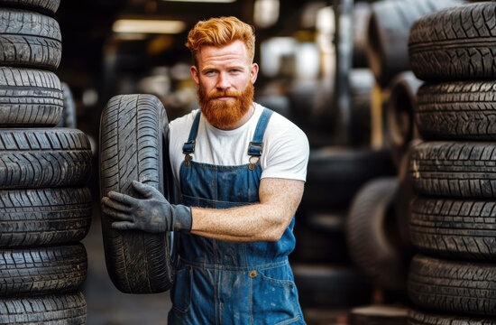 Redhead mechanic wearing blue overalls and gloves holding a tire in a garage next to a pile of tires