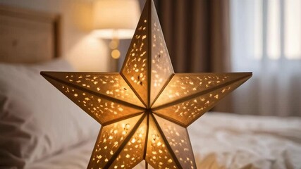 Star-shaped night light illuminates bedside table in bedroom with made bed and lamp providing ambient warm light at home. - Powered by Adobe