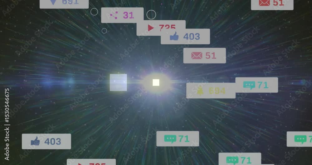 Poster white point emerging squares fading in as icon panels orbiting counters rising merging into light