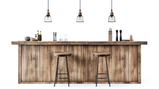 A wooden bar counter with a rustic design features three pendant lights, two bar stools, and various barware, including bottles, glasses, and salt and pepper shakers
