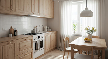 Serene kitchen interior showcasing natural wood cabinetry and bright natural lighting