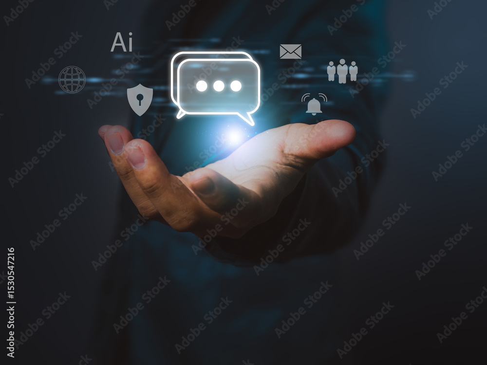 Poster an ai chat message icon glowing above open hand with digital communication and security symbols in d
