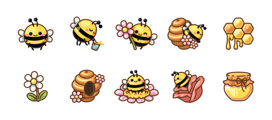 Set of cute element cartoon illustration, Cute icons related to little cute bee. A kawaii emoji cartoon. Idea for print, cartoon, card, decoration and sticker.