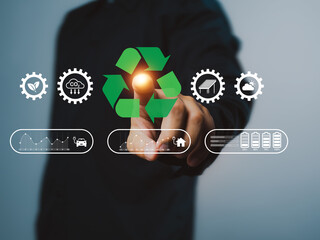 A green recycling symbol, hand pointing, eco friendly concept, energy saving, sustainable technology, environmental protection