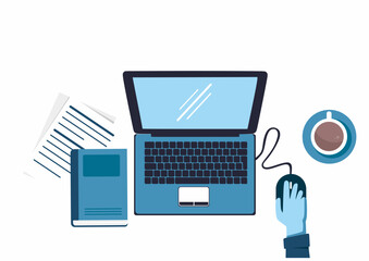 A stylish vector illustration of a workspace featuring a laptop screen 