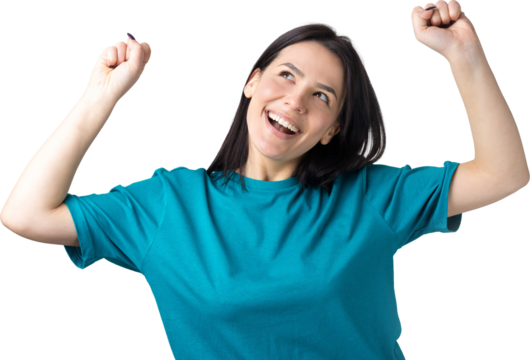 Close up portrait of attractive shouting in winning smiling with raised fists young she her girl wearing jeans shirt clothes isolated on grey background