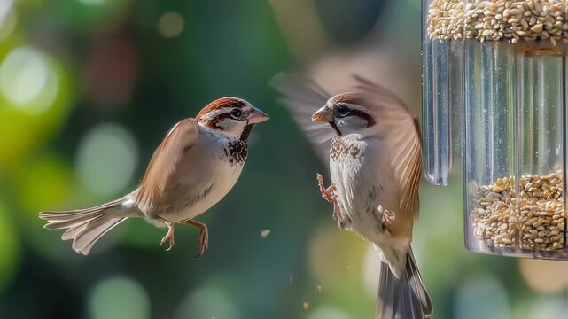 A captivating moment of two sparrows interacting at a bird feeder outdoors