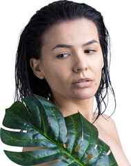 Beauty Woman with natural green palm leaf portrait. Fashion, beauty, make-up, cosmetics.