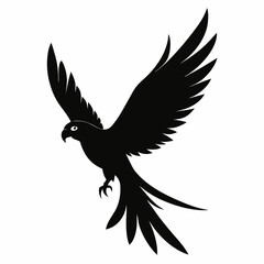 Flying parrot silhouette illustration on a white background featuring a simple design of a bird in flight isolated and clean