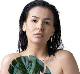 Beauty Woman with natural green palm leaf portrait. Fashion, beauty, make-up, cosmetics.