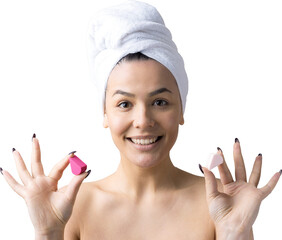 Beauty portrait of woman in white towel on head  with a sponge for a body in view of a pink heart. Skincare cleansing eco organic cosmetic spa relax concept.