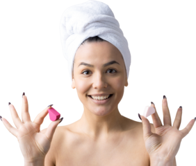 Beauty portrait of woman in white towel on head  with a sponge for a body in view of a pink heart. Skincare cleansing eco organic cosmetic spa relax concept.