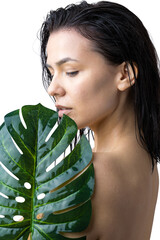 Beauty Woman with natural green palm leaf portrait. Fashion, beauty, make-up, cosmetics.