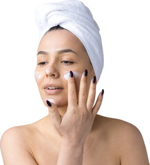 Beauty portrait of woman in white towel on head applies cream to the face. Skincare cleansing eco organic cosmetic spa relax concept.