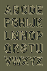 Modern geometric alphabet with techno-style 3D effect. Bold uppercase letters with striped outlines and futuristic look. Great for digital, sci-fi, and innovation themes.