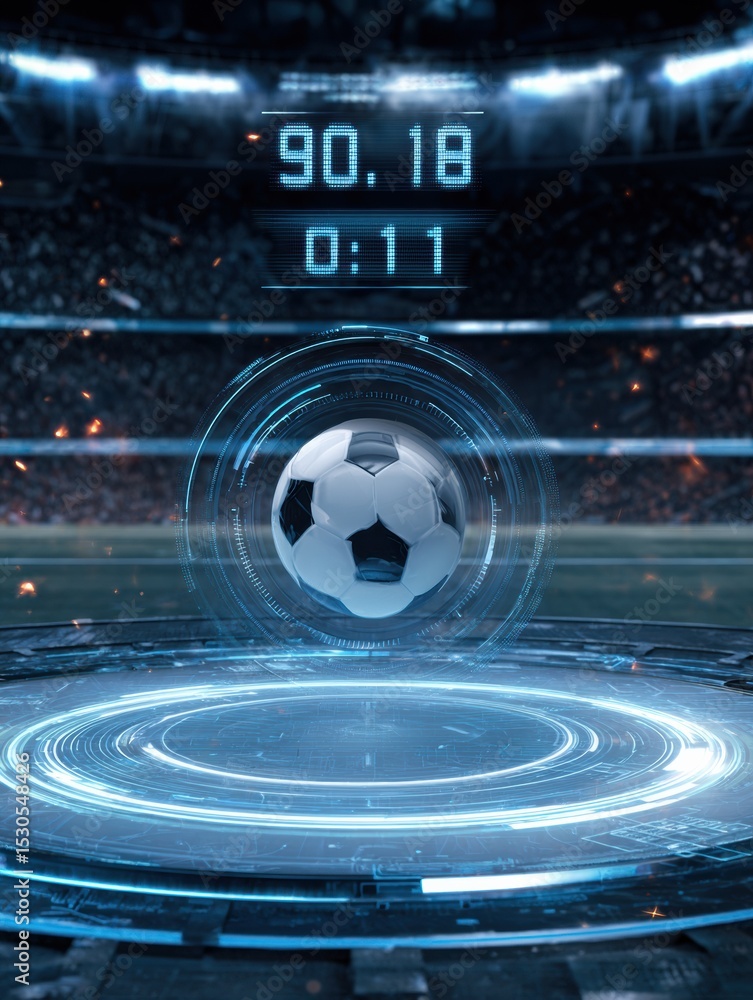 Poster high-tech scoreboard with rotating ball and digital effects marking the final moments of the footbal